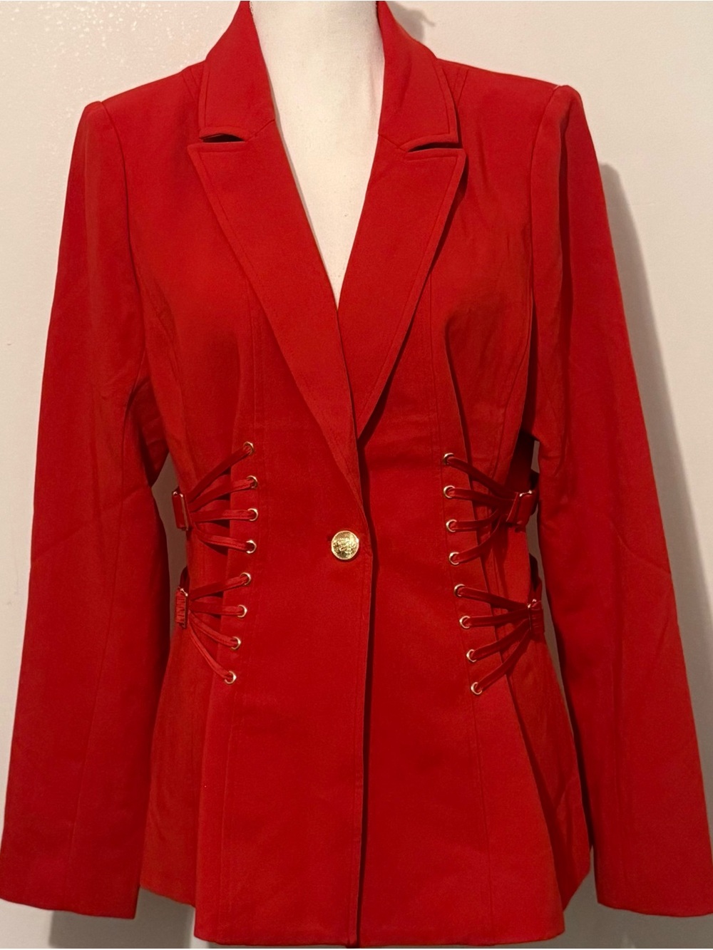 Bebe Red Satin Detail Corset Lace-Up Blazer Leopard Lined Size 10 NWT